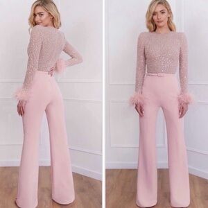 NADINE MERABI Blush Pink Wide Leg Jumpsuit